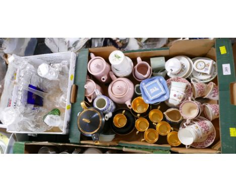 Two boxes of glassware and decanters, Crown Devon black and gold coffee set, pink Hanley part tea set, cabinet cups and sauce