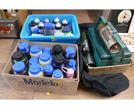 Vintage drinks bottles, Stanley toolbox, flask set and holdall