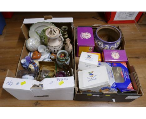 Two boxes of planters, ceramics and ornaments, Piggin figures, Lurpak egg cups etc