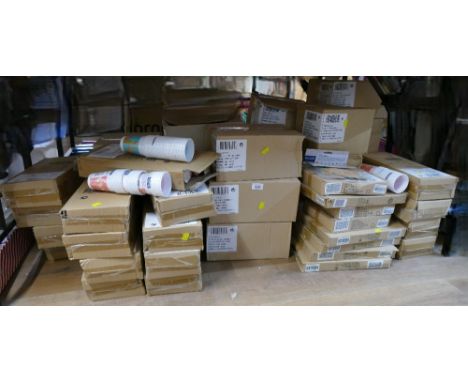 Large quantity of boxed partyware including paper plates, plastic cups, paper banners etc