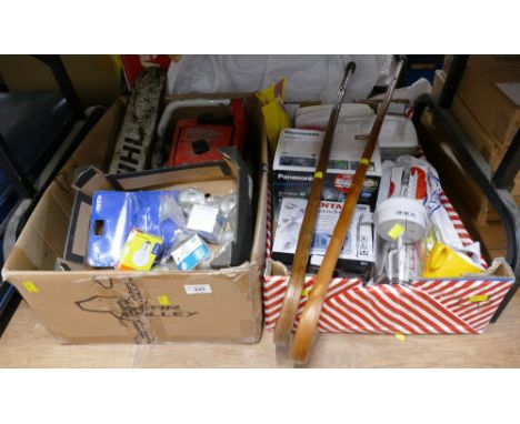 Two boxes of lightbulbs, Stihl chainsaw (parts), walking sticks, cables and accessories