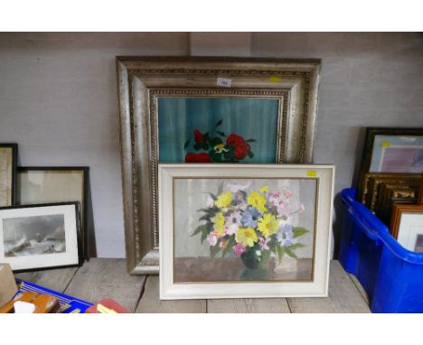 Two still life oil paintings of flowers, framed