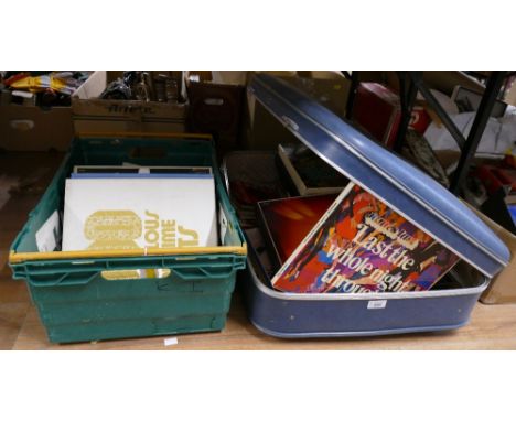 Suitcase containing vinyl LP's and box of vinyl box sets including The Cliff Richards Story and Superstars of The 60's and 70
