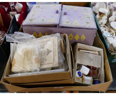 Box of sewing accessories - threads, sewing box, crafting materials, tools etc