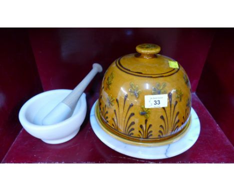 Marble lazy Susan, Studio Pottery lidded cheese/cake dome and pestle and mortar