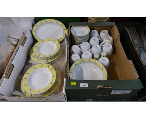 Two boxes of Royal Doulton Blueberry pattern dinnerware, mugs, salt and pepper etc