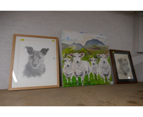 Two original pencil drawings of Terriers by Vivienne Coleman and naïve style painting of sheep 