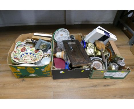 Three boxes of ceramics, glassware, metalware, mirror, skeleton clock etc