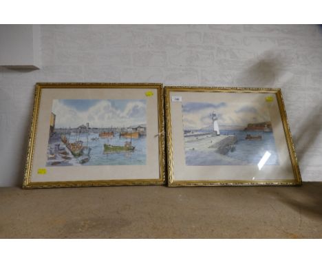 Two original watercolour pictures of Whitehaven Harbour signed S Miller 