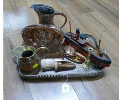Art Nouveau copper crumb pan, plate tray, copper jugs, wooden boat etc