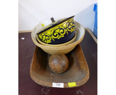 Vintage wooden dairy bowl/trough, baking dishes, cannonball and enamel bowl