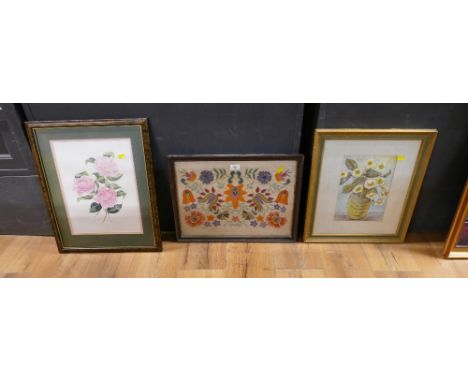 Three floral pictures - tapestry etc 