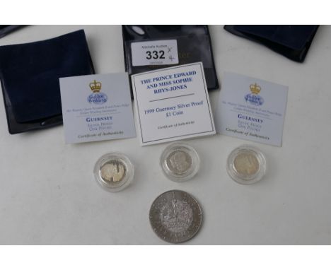 Three Guernsey silver proof £1 coins, two Queen Elizabeth and Prince Philip Golden Wedding Anniversary coins, 1999 Guernsey s