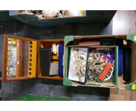 Jewellery box and jewellery, thimbles, beaded necklaces etc