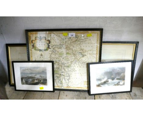 Vintage map of Cumberland and prints including Maryport and Harrington 