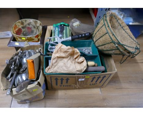 Gardening equipment, bird box, Lucas car headlamps, vintage car equipment and two bins