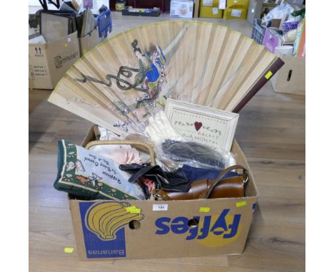 Oriental fan, large quantity of ladies gloves, leather satchel, wicker basket, tapestry picture etc