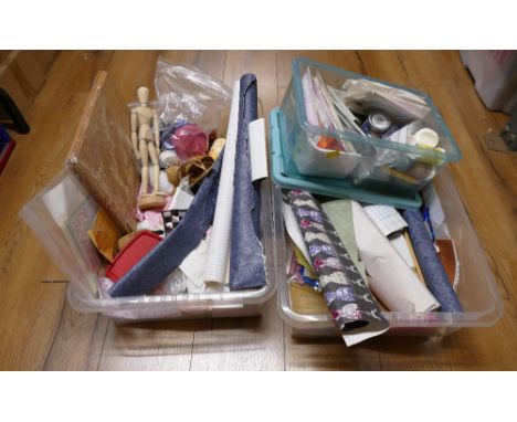 Two boxes of craft materials - glue pens, dolls house wallpapers, poseable artists mannequin, dolls house equipment etc