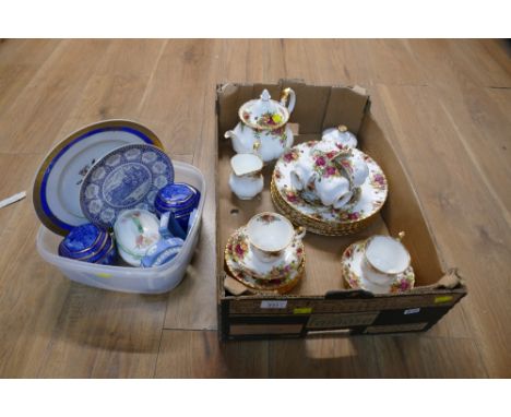 Royal Albert Old Country Roses part tea set and dinner plates and box of Ringtons tea jars, Wedgwood Jasperware and decorativ