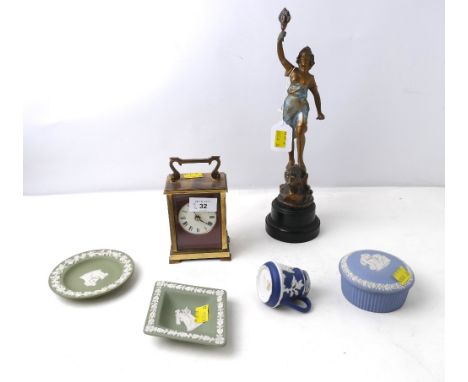 Bronze effect statue, brass carriage clock and quantity of blue and green Jasperware