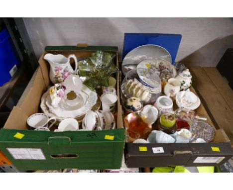 Two boxes of ceramics, Carnival glass, collectors plates, Country Artists mice figures etc