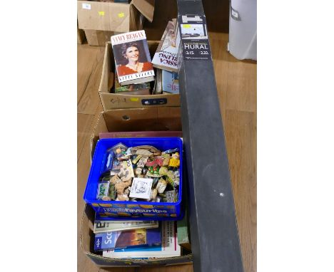 Two boxes of books, box of magnets and boxed Blue World Map Paste The Wall map mural 3.15 m x 2.32 m