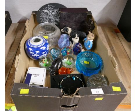 Paperweights, White Friars style ashtray, Oriental ginger jar base, Ronson lighter, dog figures etc