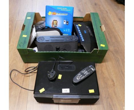 Robert Stream 63i radio CD player, box of equipment including open box V8S, mobile VA monitor and Ipod docking machine