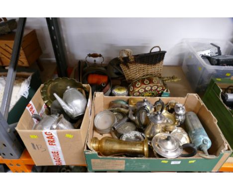 Three boxes of metalware - kettles, tea set, tins, trinket dishes etc