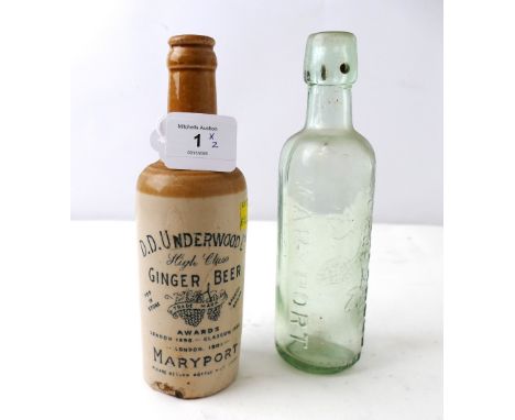 Rare DD Underwood Limited ginger beer stone brewery bottle for Maryport and a vintage glass brewery bottle by the same Compan