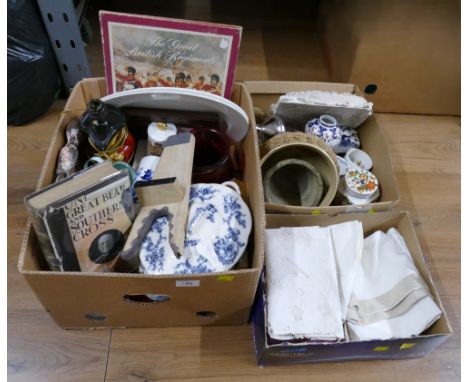 Three boxes of ceramics - blue and white tureen, planters, vintage fabrics, book etc