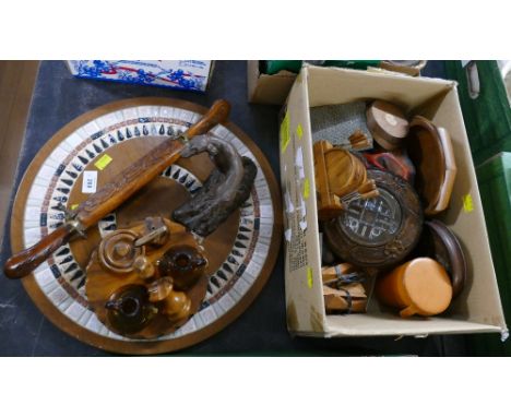 Wooden mosaic patterned table centre plaque, ornamental knife and scabbard set, wooden trinket bowls etc.  This bladed produc