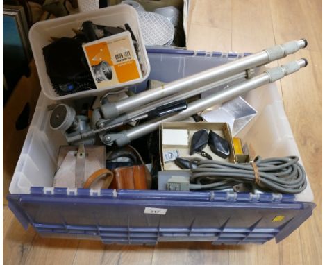 Box of vintage photography equipment - tripods, light meters, lens hoods and filters etc