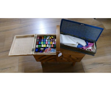 Cantilever sewing box with contents and handkerchief box