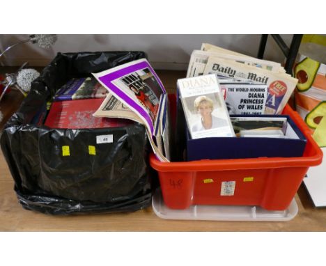 Two boxes of royal memorabilia, books, magazines, newspapers, video cassettes etc