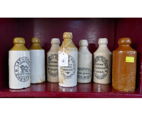 Seven antique stoneware brewery bottles - Laycocks of Chester, Hooson of Llandudno, Coldwell Mineral Water Co Ltd, Wirksworth