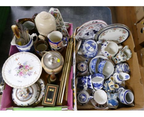 Two boxes of blue and white ceramics, decorative plates, stoneware hot water bottle, Blush biscuit barrel dated 1912, hand be
