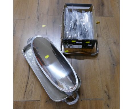 Galleried plate tray, Borrowdale beaten oval tray, wooden breakfast tray and quantity of Denby stone and steel cutlery