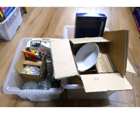 Two boxes of as new white dinnerware, crystal glass set, Stanley No. 4 wood plane, boxed Stanley SB3 plane, glassware etc