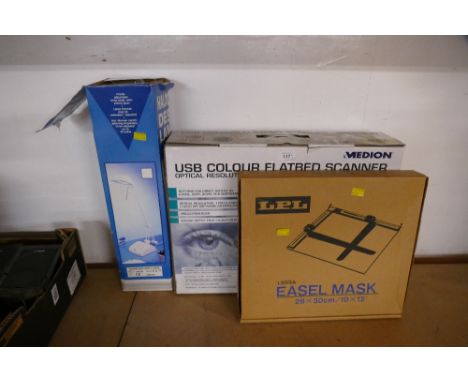 Boxed items - USB Colour Flatbed Scanner, Easel Mask and Halogen desk lamp