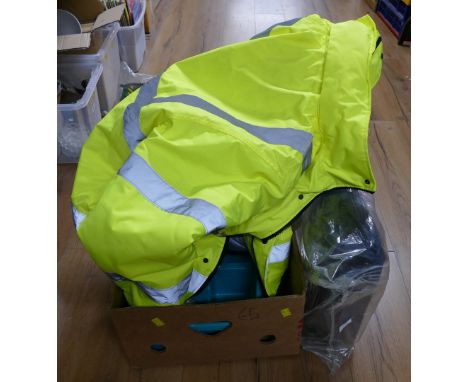 Padded hi-vis jacket (L), as new wheeled holdall, dust sheets and tool tray with screws, paintbrushes etc