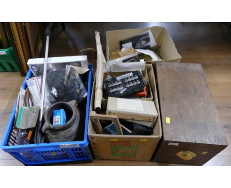Wooden box and three boxes of ephemera, vase, camera equipment etc