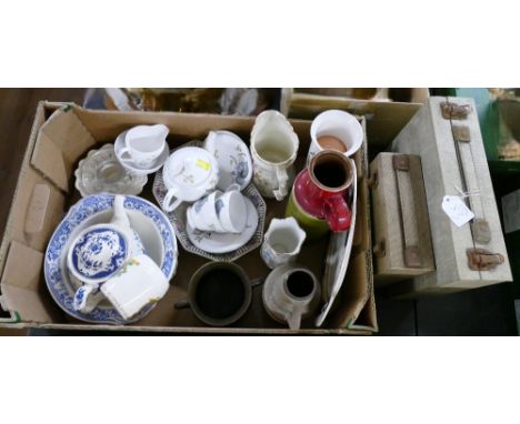 Box of ceramics - West German vase, Watcombe Torquay Ware pot, Linguaphone records etc
