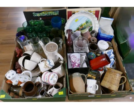 Two boxes of coloured glassware, Poole Pottery coffee set, part tea sets, ornaments etc