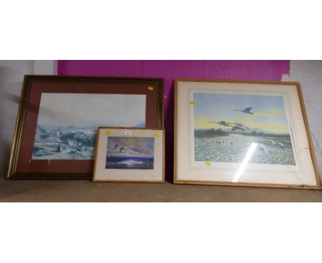 Signed Peter Scott print of geese in flight, 62 cm x 75 cm and two other prints