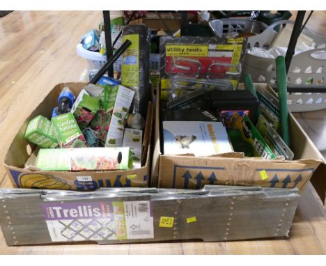 Large quantity of as new packaged gardening equipment - garden netting, trellis, automatic irrigation timer, Miracle Grow fee