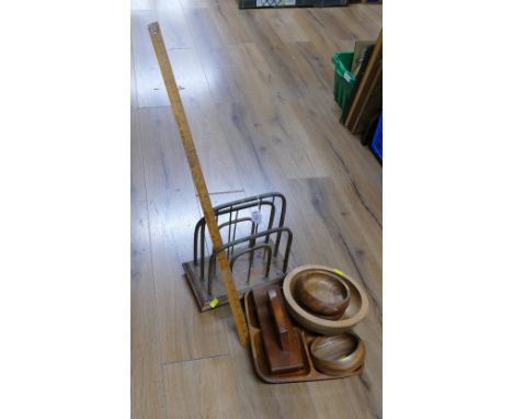 Art Deco magazine rack, turned wooden bowls and Rhinds of Manchester ruler