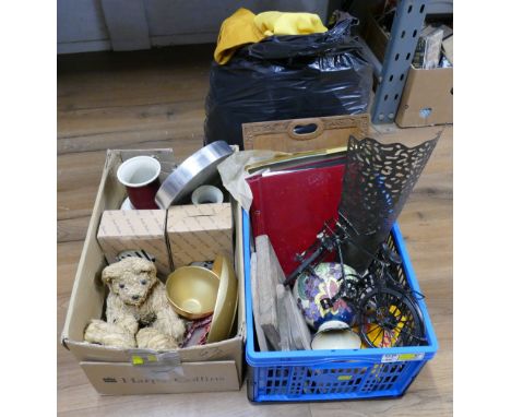 Vintage ladies clothes and two boxes of ornaments, vintage wooden chopping boards, Baro barometer