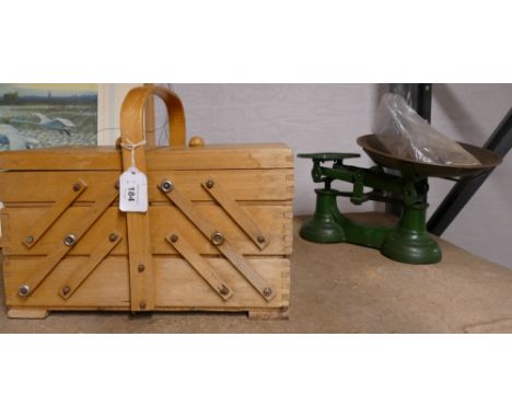 Small cantilever sewing box, antique set of metal scales