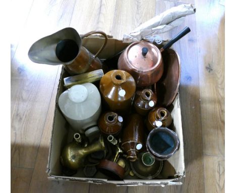 Copper spirit pan, jug, stoneware hot water bottle and other bottles, weights, brass ornaments etc